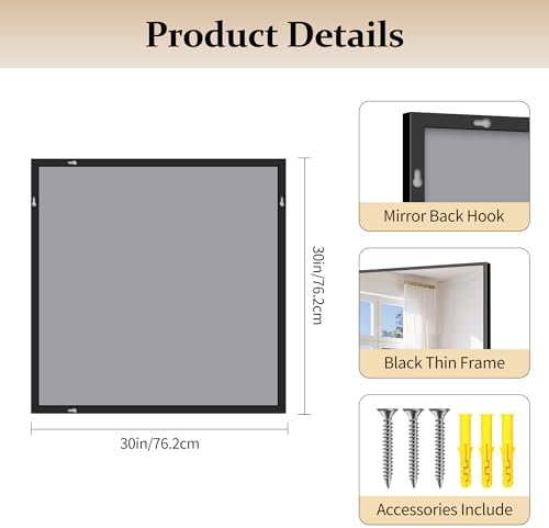 COFENY Black Bathroom Mirror for Wall, 30x30 Inch Rectangle Mirrors with Metal Frame, Modern Vanity Wall Square Mirror for Bathroom Living Room, Entryway Hangs Horizontal or Vertical