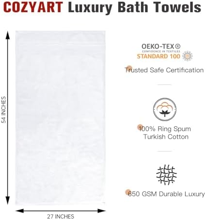 COZYART Luxury Bath Towels 2 PCS, White 100% Turkish Cotton 650 GSM