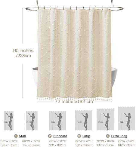 Siiluminisoy Extra Long Boho Farmhouse Shower Curtain Woven Fabric Beige 90 Inch Shower Curtain, 72 x 90 Tufted Chevron Textured Striped Modern Minimalist Cloth Shower Curtain for Bathroom