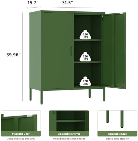 YAUWOH Metal Cabinet with 2 Doors and 4 Shelves,39.96" Tall Steel Office Cabinet,Bathroom Floor Locker for Office,Home,Garage,Gym,School (1PC,Forest Green)