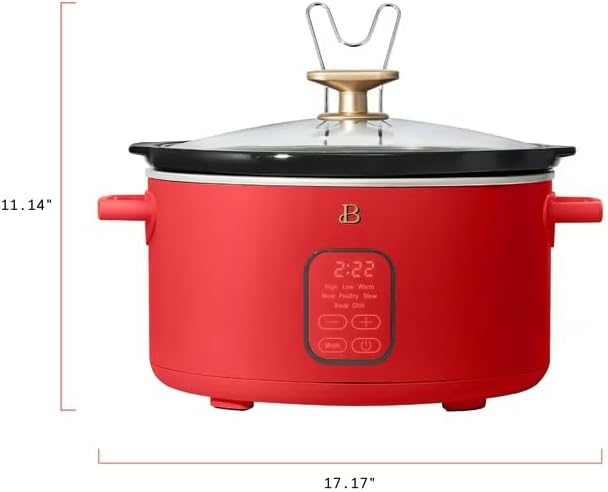 B 6 Qt Programmable Slow Cooker with Digital Timer, 5 Cooking Functions, Removable Ceramic Pot, Tempered Glass Lid, Dishwasher Safe (Tomato Red)