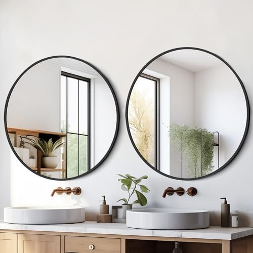 Delma 22 Inch Black Round Circle Mirror for Bathroom Wall, Metal Frame