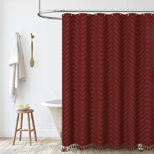 Dynamene Long Boho Farmhouse Shower Curtain Tufted Chevron 72x78 Burgundy