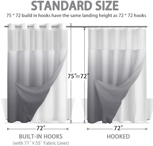 No Hook Shower Curtain with Liner Set Hotel Waffle Ombre Grey 72W X 75L