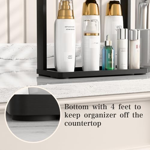 PEKER Bamboo Bathroom Organizer Countertop โ Small Vanity Storage Shelf for Makeup, Perfume, Skincare โ Natural Cosmetics Display Rack for Dresser, Sink, Kitchen โBlack