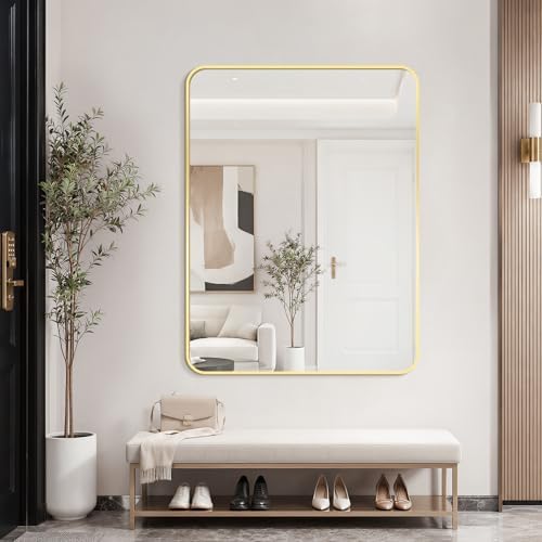 Bathroom Mirror for Wall, 30"x36" Black Bathroom Mirror for Over Sink, Shatterproof Tempered Glass Vanity Mirror with Anti-Rust Aluminum Alloy Frame, Hang Horizontally or Vertically, Gold