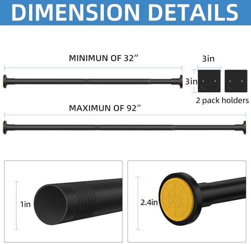 CorkLatta Matte Black Shower Curtain Rod,1 Inch Diameter Stainless Steel Adjustable Spring Tension Rods 32 to 92",with Holders,Anti-Slip,Curtain Rods No Drilling(1 Pack)