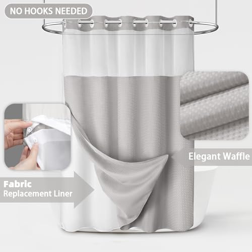 No Hook Shower Curtain with Liner Set Hotel Waffle Light Grey 72W X 87L