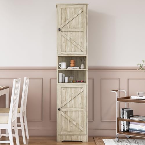Viaozutis Tall Bathroom Storage Cabinet, Slim Freestanding Cabinet with Adjustable Shelves, Vertical Storage Organizer for Small Bathrooms, Toilet Paper & Daily Essentials Storage Gray