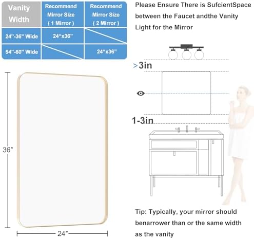 Brushed Gold Bathroom Mirror 24x36 Inch, Rounded Rectangular Bathroom Mirrors, Aluminum Alloy Frame Bathroom Mirror, Farmhouse, Hangs Horizontally or Vertically, HD Tempered Glass