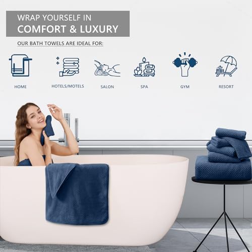 8 Piece Bathroom Towel Set Navy Blue |2 Oversized Large Bath Towels Sheet,2 Hand Towels and 4 Washcloths| 600GSM Ultra Soft Luxury Premium Towel Set Highly Absorbent Quick Dry Hotel Towel Collection