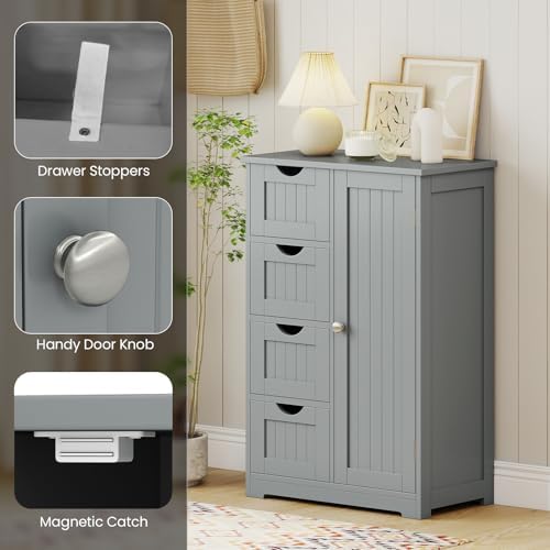 Giantex Bathroom Cabinet, Freestanding Storage Cabinet with 1 Door & 4 Drawers, 3-Level Adjustable Shelf, Anti-toppling System, Modern Storage Organizer for Bathroom, Living Room, Kitchen (Gray)