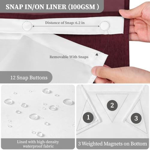 BTTN Burgundy Ringless Linen Look Shower Curtain with Snap in Liner, 72x75