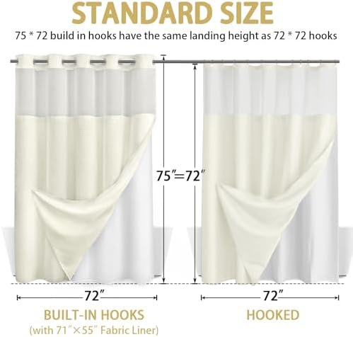 No Hook Shower Curtain with Liner Set Hotel Waffle Curtain Cream 72W X 75L