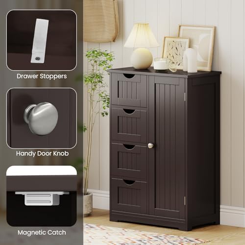 Giantex Bathroom Storage Cabinet with Drawers - 4 Drawer Storage Organizer w/Cupboard, Adjustable Shelf, Anti-Toppling Device, Entryway Storage Unit Console Table, Bathroom Floor Cabinet (Brown)