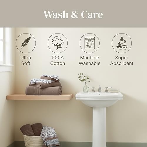 Modern Threads 6 Piece Bath Towel Set – Bathroom Set with 2 Bath Towels, 2 Hand Towels, and 2 Wash Cloths – 100% Cotton, Super Absorbent & Extra Soft – Reversible Floral Trail (Taupe Brown)