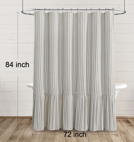 Farmhouse Shower Curtain Ruffle Linen Cream-Grey Stripe 72"W x 84"L