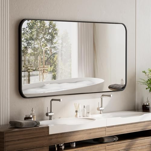BEAUTYPEAK 26" x 38" Rectangular Aluminum Alloy Frame Wall Mounted Bathroom Mirror with Rounded Corners, Black