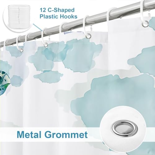 Beach Nautical Sea Turtle Theme Fabric Shower Curtain Sets Ocean Family Bathroom Decor with Hooks Waterproof Washable 72 x 84 inches White Blue and Green