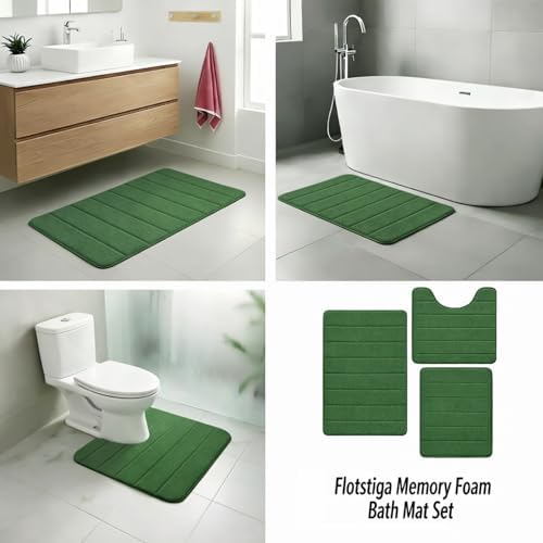 Memory Foam Bath Mat Set 3 Piece,Super Soft Absorbent Bathroom Rug Non Slip, Quick Dry,Machine Wash, Perfect Plush Bathroom Rugs,Home Decor Accessories,Dark Green