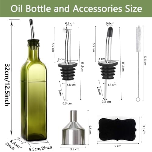 Leaflai Olive Oil Dispenser Bottle, 1 Pcs Green Glass Olive Oil Dispenser and Vinegar Dispenser Set with 2 Stainless Steel Pourers, 2Labels,1 Brush and 1 Funnel Oil Bottles for Kitchen, 17 oz(500ml)