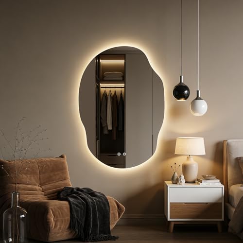 WallBeyond Backlit LED Bathroom Vanity Mirror with Lights, Irregular Asymmetrical Design,45" H x 32" W, Anti-Fog, Dimmable 3 Color Lighting, Memory, Hardwired Mount, Supports Horizontal & Vertical