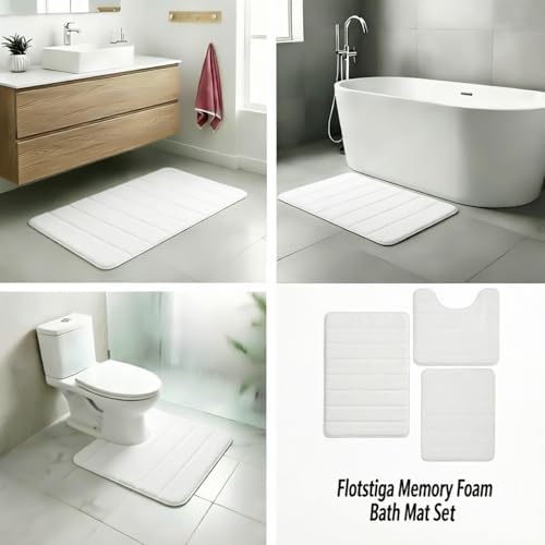 Memory Foam Bath Mat Set 3 Piece,Super Soft Absorbent Bathroom Rug Non Slip, Quick Dry,Machine Wash, Perfect Plush Bathroom Rugs,Home Decor Accessories,White
