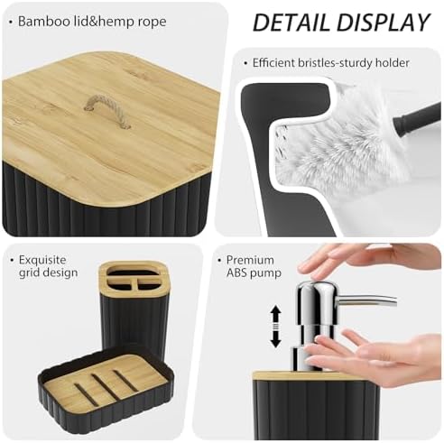 Bathroom Accessories Set - 10PC Bathroom Set, Black Bathroom Set, Bathroom Accessories Set, Toilet Brush, Bathroom Trash Can & Soap Dispenser