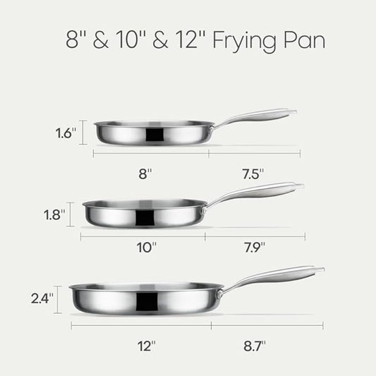 CAROTE 3-Piece Tri-Ply Stainless Steel Frying Pan Set, Skillet Set 8"/10"/12", Induction Compatible, Oven & Dishwasher Safe, Silver Handle