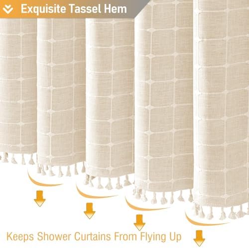 BTTN 72x80 Boho Farmhouse Linen Heavy Duty Shower Curtain Set, Cream/Beige