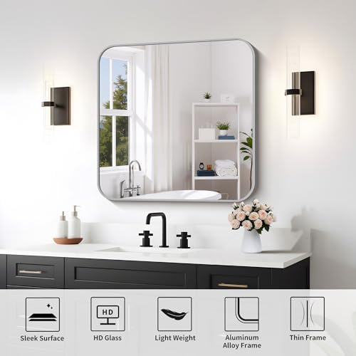 FORBATH 30x30 Inch Silver Bathroom Mirror for Over Sink, Large Square Wall Mirror with Metal Frame, Rounded Corners for Bathroom, Bedroom, Entryway Decor (Horizontal or Vertical)