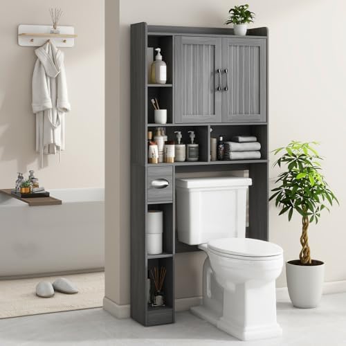 Vabches Farmhouse Over The Toilet Storage Cabinet with Barn Door, Wash Grey