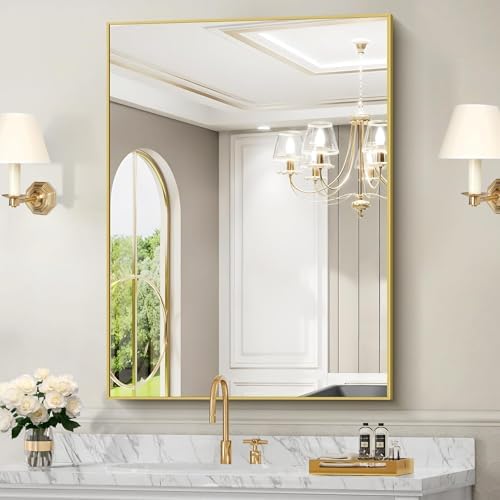 COFENY 30x40In Gold Bathroom Mirror for Wall, Brushed Gold Rectangle Mirrors with Metal Frame, Bathroom Rectangular Mirror Modern Wall Mirror for Bedroom Living Room, Hangs Horizontal or Vertical