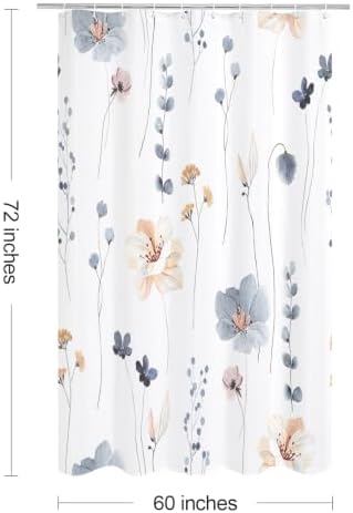 Gibelle Blue Beige Watercolor Floral Fabric Shower Curtain, 60x72