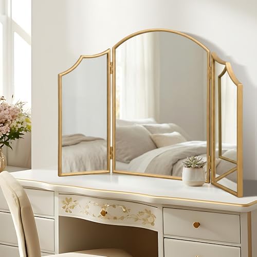 Besdomus Gold Scalloped Vanity Mirror: 36"x24" Three Sided Dresser Miror