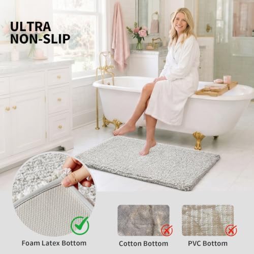 ILANGO Grey and White Toilet Rugs U Shaped 22" × 24" Non Slip & Super Absorbent Extra Thick Soft, Washable Bath Mats for Bathroom Floor, Microfiber Plush Shaggy Contour Bath Rugs for Toilet,Dry Quick