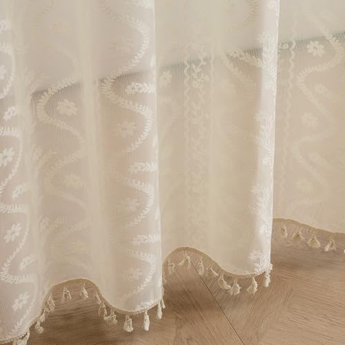 WAZZIO Vintage Lace Shower Curtain for Bathroom 72" W x 72" L, Victorian Farmhouse Floral Pattern Tassel Fancy Shower Curtain Boho Washable Cloth Decorative Bath Curtains,1 Panel