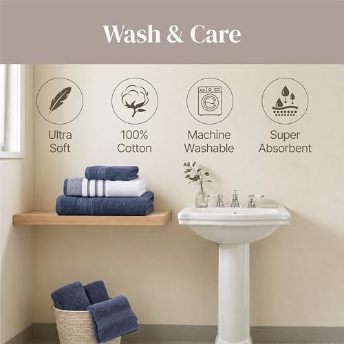 Modern Threads 6 Piece Bath Towel Set – Bathroom Towel Set with 2 Bath Towels, 2 Hand Towels & 2 Washcloths – 100% Cotton, Soft & Absorbent – Classic Border Stripe (Blue)