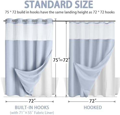 No Hook Shower Curtain with Liner Set Hotel Waffle Mist Blue 72W X 75L