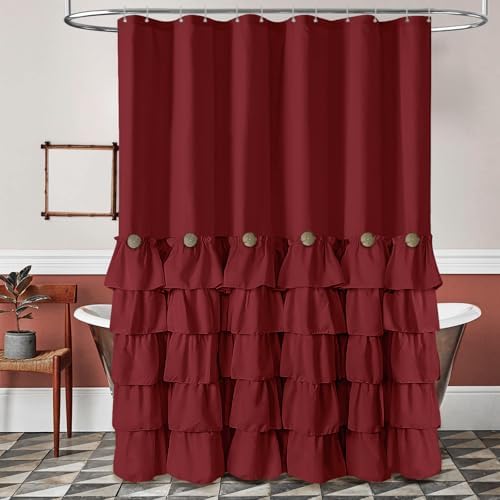 Seasonwood Burgundy Shower Curtain with Nature Buttons Ruffle Shower Curtains Farmhouse Shower Curtain for Bathroom 72" W x 78" L,Burgundy/Red