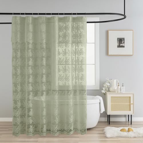 TUDECO Extra Long Green Lace Shower Curtain for Bathroom, 72W x 84L Inch