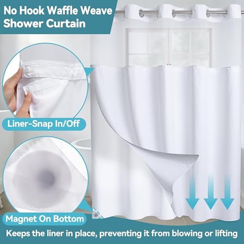 Conbo Mio No Hook Waffle Weave Shower Curtain with Snap in Liner Set, Hotel Luxury White Shower Curtains for Bathroom with See Through Top Window, Waterproof, Washable 71W x 74H