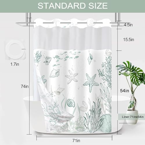 No Hook Shower Curtain and Liner Set, Green Beach Coastal 71x74