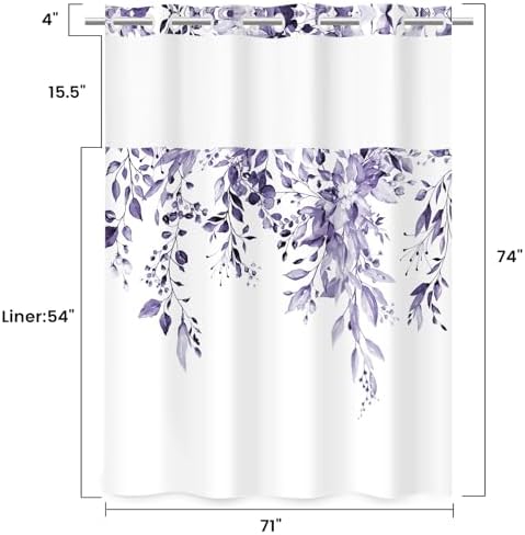 WITHLOC No Hook Floral Shower Curtain with Liner, Eucalyptus Purple, 71x74