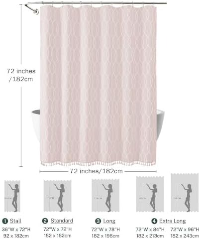 OVZME Pink Shower Curtain for Bathroom, Puff Printed Textured Shower Curtain with Tassels, Rustic Geometry Heavy Duty Vintage Country Bathroom Curtain, Water Resistant Fabric, 72Wx72L Inches