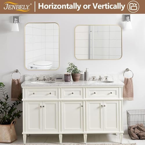 Gold Mirror, 48x30 Inch Framed Rectangle Mirror with Rounded Corner, Brushed Brass Mirror, Gold Bathroom Mirror for Over Sink, Vanity, Living Room, Bedroom, Horizontal/Vertical