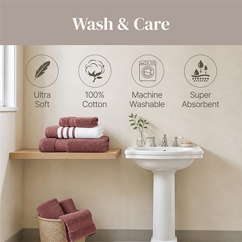 Modern Threads 6 Piece Bath Towel Set – Bathroom Towel Set with 2 Bath Towels, 2 Hand Towels & 2 Washcloths – 100% Cotton, Soft & Absorbent – Classic Border Stripe (Rose)