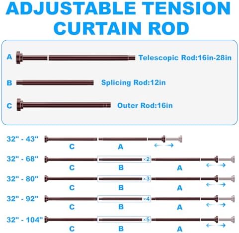 TEECK Shower Curtain Rod, 32-104 inch Adjustable Spring Tension Curtain Rod, Never Rust Anti-Slip Shower Curtain Rod for Bathroom, No Drilling, Never Collapse, Easy to Use, Brown