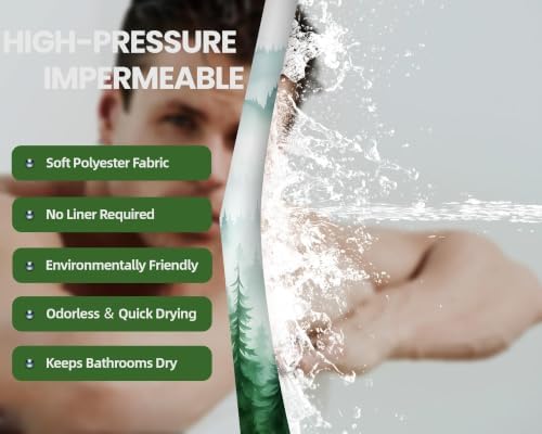 Dark Green and White Forest Shower Curtain, 72x72 in, Nature Pine Tree