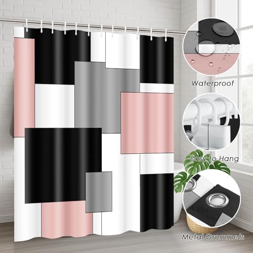 Bathroom Sets with Shower Curtain and Rugs, 4 Pcs, Geometric Pink